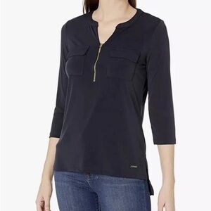 Ellen Tracy Navy Zip-Front Top